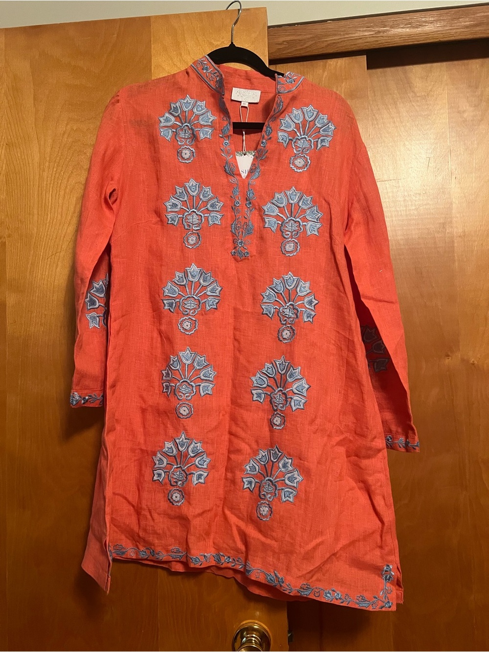 Asha NWT Coral Embroidered Mini Dress with Blue Motifs